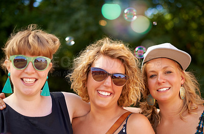 Buy stock photo Portrait, outdoor and women with party, concert and social event with music festival, happiness and summer. Face, people and friends with lens flare, sunshine and weekend break with joy and smile