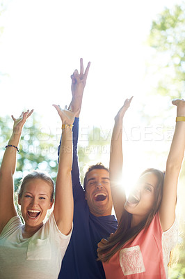 Buy stock photo Portrait, outdoor and friends with party, excited and social event with music festival, happiness or summer. Face, people or group with lens flare, sunshine or weekend break with celebration or smile