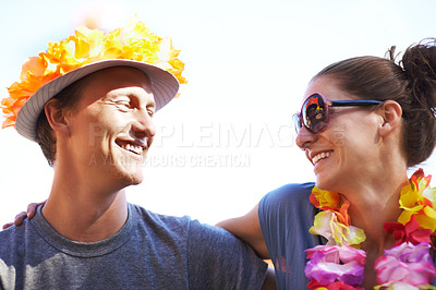 Buy stock photo Love, couple and outdoor with vacation, smile and happiness with marriage, honeymoon and relationship. People, man and woman with summer, break and holiday with adventure or joy on a white background