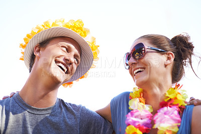 Buy stock photo Love, couple and outdoor with vacation, funny and happiness with marriage, honeymoon and relationship. People, man and woman with summer, break and holiday with adventure or smile on white background