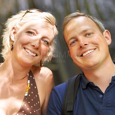 Buy stock photo Smile, portrait and couple together outdoor, healthy relationship or connection in summer freedom. Face, happy man and woman or romantic people bonding, support and trust on date, vacation or holiday