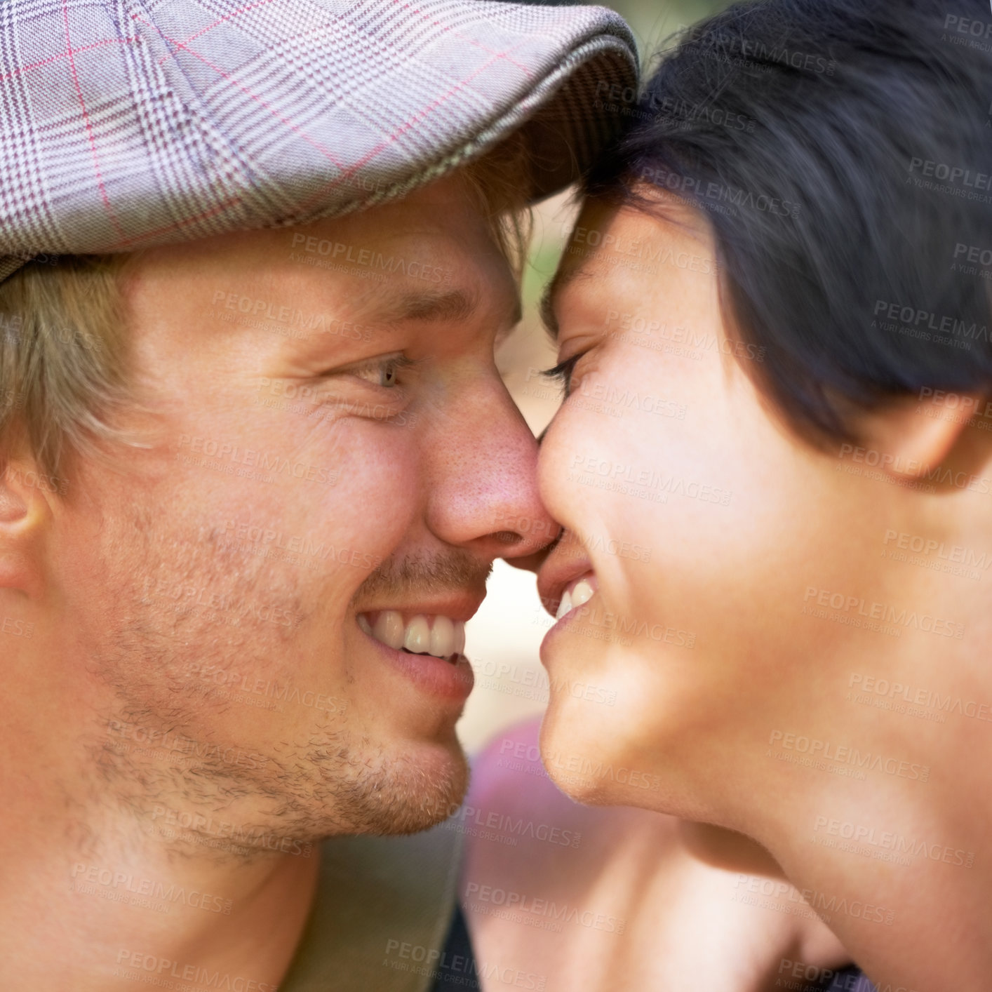 Buy stock photo Nose touch, love and happy couple together outdoor, healthy relationship and connection in summer. Man, woman and romantic people bonding, support or trust, face profile or relax on date in affection
