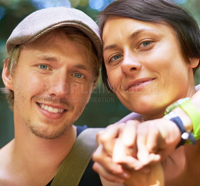 Buy stock photo Man, woman and portrait outdoor relax for bonding romance connection, nature explore for camp experience. Happy partnership, hug embrace and smile in wood for peace adventure, together in summer sun