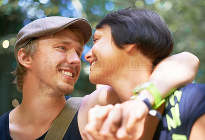 Buy stock photo Man, woman and love outdoor relax for bonding romance connection, nature explore for camping experience. Happy partnership, hug embrace and smile in wood for peace adventure, together in summer sun