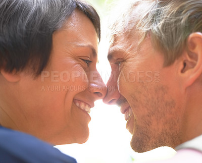 Buy stock photo Nose touch, smile or love of couple together outdoor, healthy relationship or connection in summer. Man, woman or romantic people bonding, support or trust, face profile or intimate date in affection