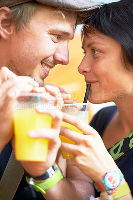 Buy stock photo Couple, orange juice and love with happiness, marriage and health with wellness, nutrition and vitamin c. Romance, man and woman with a drink, summer and bonding together with relationship and joy