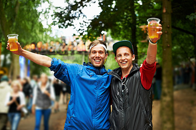 Buy stock photo Beer, nature festival portrait and happy friends smile for fun bond, wellness beverage cup or woods social event. Forest music concert, drunk men or outdoor people excited for alcohol drinks