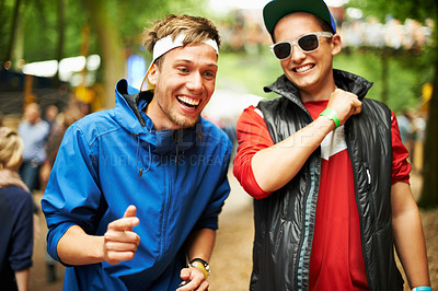 Buy stock photo Festival, happiness and outdoor friends, men or funky people having fun together, nature party rave or social gathering. Forest music concert, gen z fashion and guys at woods entertainment event