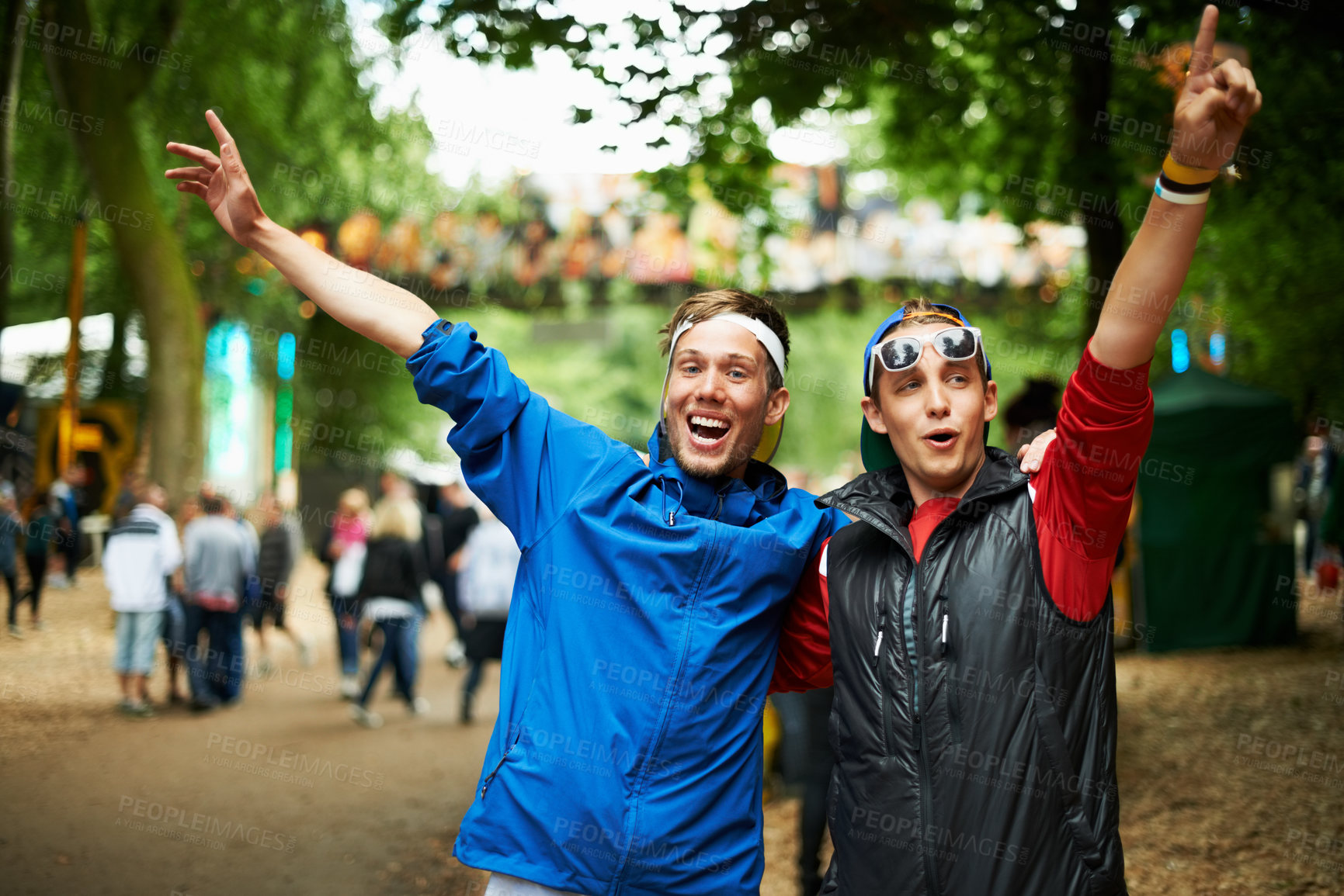 Buy stock photo Festival, smile and outdoor friends, men or excited people having fun together, nature party rave or social gathering. Forest music concert, celebration freedom energy and guys at natural woods event