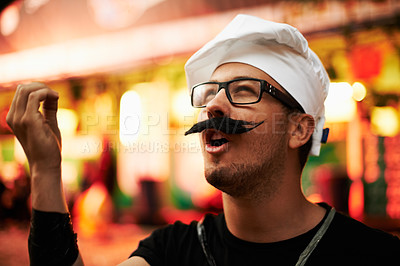 Buy stock photo Face, thinking or hand gesture with a man in a chef costume at a festival for a celebration event. Idea, expression and a confident young person at an outdoor carnival for a show or performance