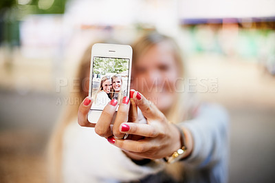 Buy stock photo Selfie, phone screen and happy festival friends, women or people smile for fun bonding, social gathering or memory picture. Event picture, cellphone photography or girl hands post to social media app