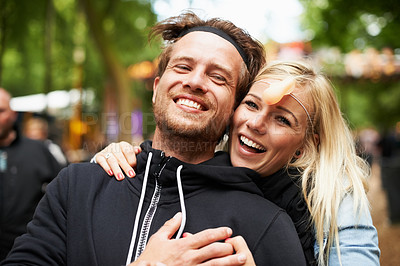 Buy stock photo Happy couple, portrait and hug at festival for love, care or support at outdoor party, DJ event or music. Man and woman smile in embrace, affection or trust for festive celebration or summer break