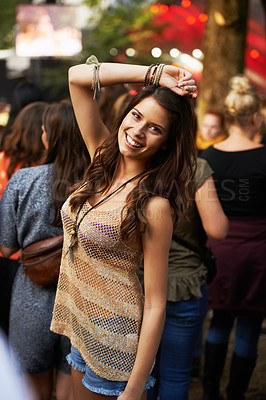 Buy stock photo Happy woman, portrait and crowd at outdoor festival for party, music event or DJ in nature. Attractive and young female person smile enjoying festive band, sound or summer break at forest or park