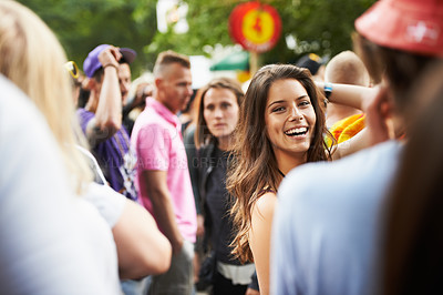 Buy stock photo Crowd, nature festival portrait and happy woman having fun, natural outdoor wellness and smile at social gathering. Forest music concert, audience and girl vacation, entertainment or woods rave event