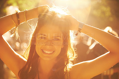 Buy stock photo Happy woman, portrait and dancing at outdoor music festival for party or event in nature. Face of carefree female person smile enjoying freedom outside in sunshine at concert, carnival or summer fest
