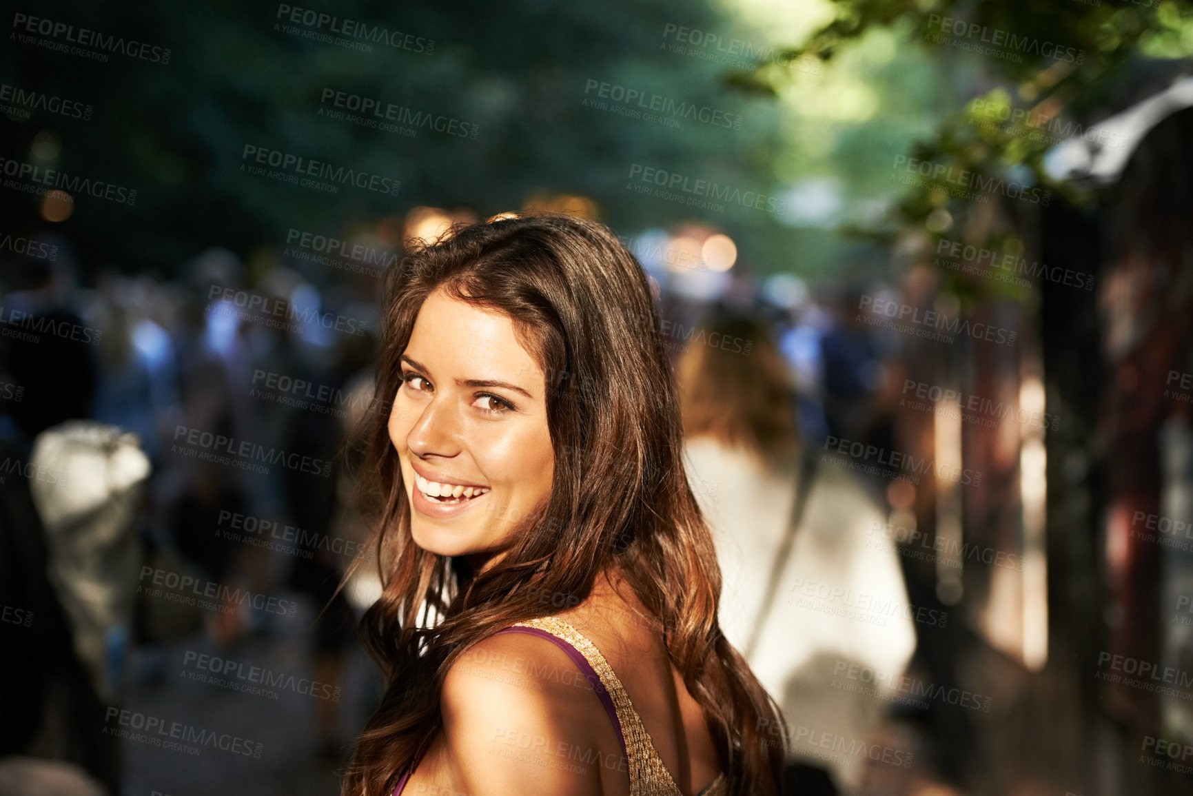 Buy stock photo Happy woman, portrait and outdoor music festival with crowd for party, event or DJ in nature. Face of female person smile and enjoying sound or audio at carnival, concert or performance outside