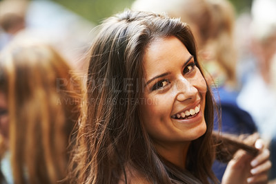 Buy stock photo Happy, outdoor festival portrait and woman having fun, happiness and smile at Portugal social gathering. Music concert freedom, face headshot and Europe vacation person, entertainment or rave event
