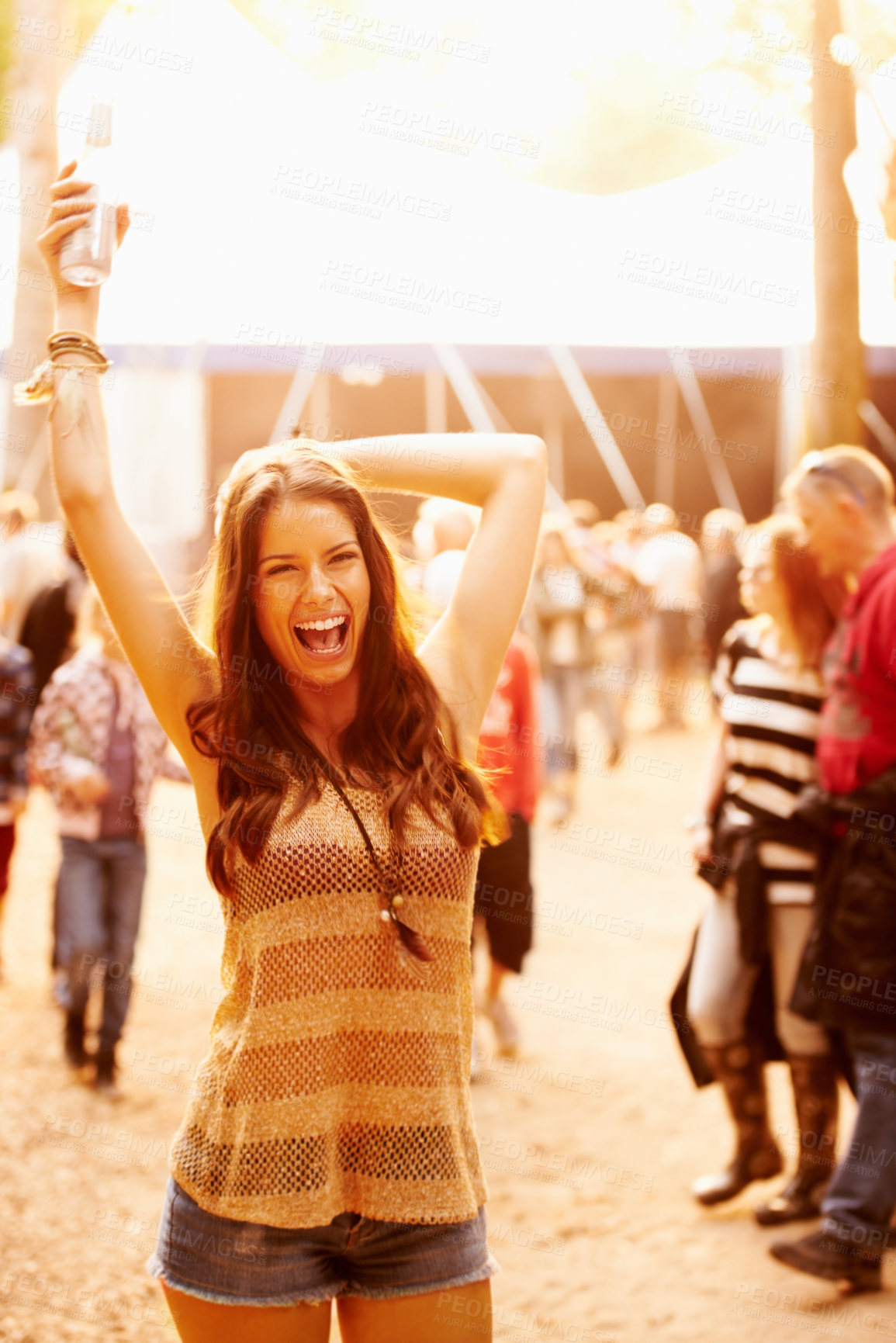 Buy stock photo Outdoor sunshine, music festival portrait and excited woman scream, happiness and celebrate at social event. Lens flare, summer heat and girl energy, celebration and happy for concert performance