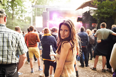 Buy stock photo Woman, portrait and outdoor music festival with crowd for party, event or DJ in nature. Face of happy female person smile and enjoying sound or audio at carnival, concert or performance outside