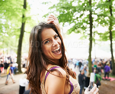 Buy stock photo Happy woman, portrait and dancing at outdoor music festival or crowd for party, event or DJ in nature. Excited female person smile enjoying audio and sound at carnival, concert or performance outside