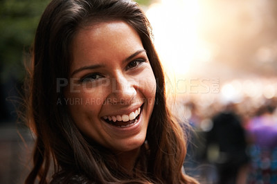 Buy stock photo Portrait, smile and a young woman at a music festival for energy, freedom or celebration outdoor. Face, party and excitement with a happy person in the crowd or audience of a concert performance