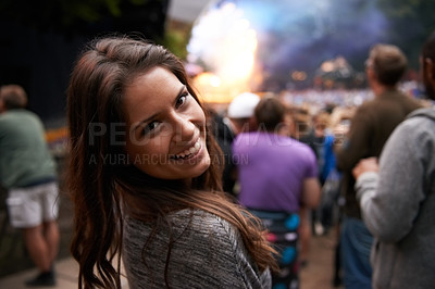 Buy stock photo Excited woman, portrait and face at outdoor music festival for party, event or DJ concert in nature. Closeup of female person smile in crowd at night for carnival, performance or summer fest outside