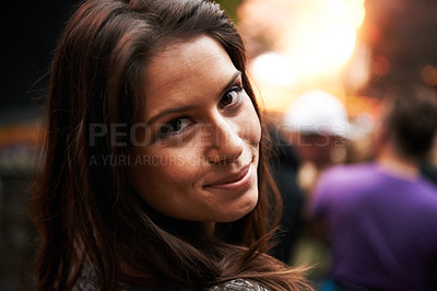Buy stock photo Happy woman, portrait and face at outdoor music festival for party, event or DJ concert in nature. Closeup of female person smile in crowd at night for carnival, performance or summer fest outside