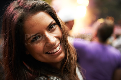 Buy stock photo Happy woman, portrait and face at music festival night for party, event or DJ concert in nature. Closeup of female person smile in crowd or audience at carnival, performance or summer fest outside
