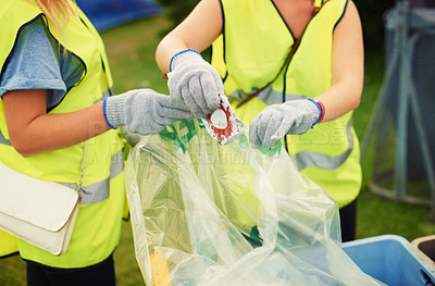 Buy stock photo Waste, cleaner and people outdoor with a trash bag to recycle, garbage or beer can at festival. Volunteer, cleaning or hands of janitor with plastic, litter or working at event with junk or rubbish
