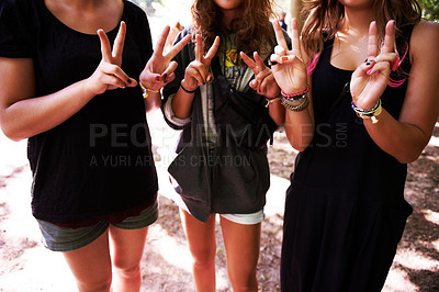Buy stock photo Woman, friends and peace sign at outdoor party or social celebration, carnival as hipster group. Female people, vacation and hand gesture at happiness relax event for nature bonding, summer or park