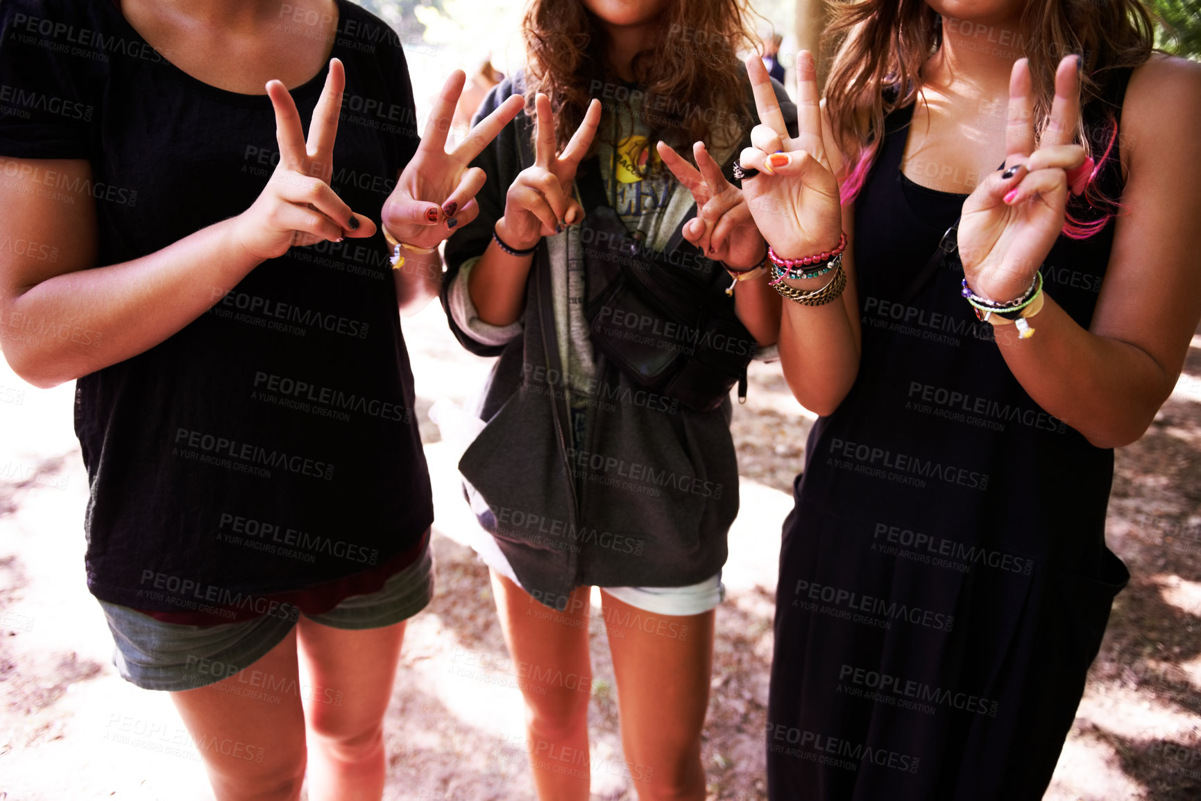 Buy stock photo Woman, friends and peace sign at outdoor party or social celebration, carnival as hipster group. Female people, vacation and hand gesture at happiness relax event for nature bonding, summer or park