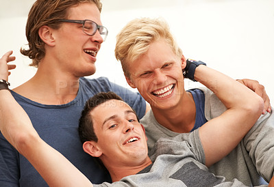 Buy stock photo Happy, friends and group laughing in together for social, joke and joy on holiday or vacation. Men, smile and relax with funny community or young people and embrace in summer for bonding break