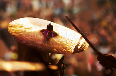 Buy stock photo Drums, performance and closeup of hands, concert and music festival in outdoors, talent and audience. Band, playing and entertainment for crowd, instrument and rhythm for people, sound and rock