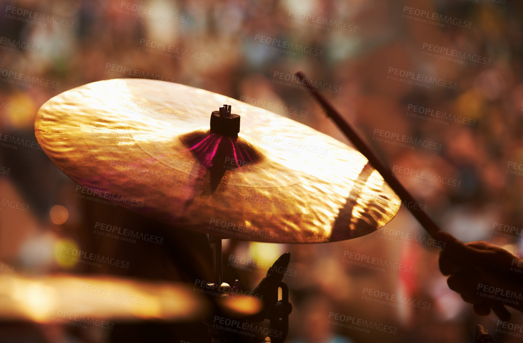 Buy stock photo Drums, performance and closeup of hands, concert and music festival in outdoors, talent and audience. Band, playing and entertainment for crowd, instrument and rhythm for people, sound and rock