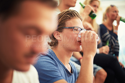 Buy stock photo Group of friends at music festival with drinks, beer and relax together at concert event. Alcohol, men and women at celebration, outdoor party or summer adventure with happy people in nature for fun.