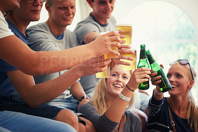 Buy stock photo Group of friends at music festival with drinks, cheers and concert fans relax together event. Beer toast, men and women at fun celebration, outdoor party or summer adventure with happy people in tent