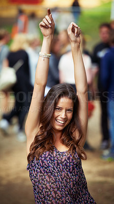 Buy stock photo Woman, outdoors and smile in portrait, music festival and fun on vacation or traveling. Female person, face and holiday in Ibiza, casual and cool fashion for party, concert and celebrate for freedom