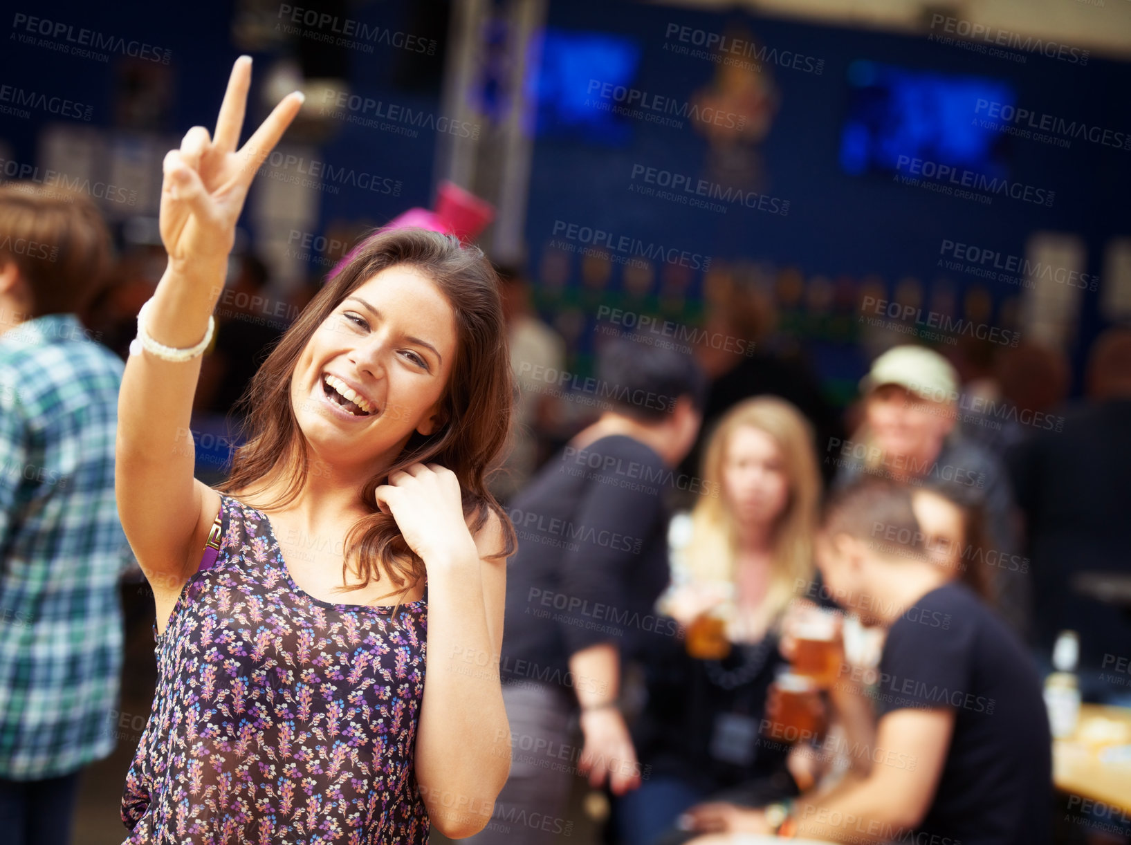 Buy stock photo Woman, outdoors and smile in portrait, peace sign and fun on vacation or traveling. Happy female person, face and holiday in Ibiza, casual and cool fashion for party, concert and emoji for freedom