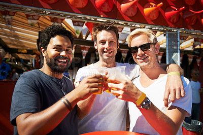 Buy stock photo Happy man, friends and cheers at music festival, bar or event for summer party or DJ concert. Portrait of male person or group smile with beer toast for friendship at carnival or outdoor cafe stand