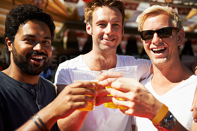 Buy stock photo Happy man, portrait and friends cheers at music festival, bar or event for summer party or DJ concert. Male person or group smile with beer in toast for friendship at carnival or outdoor celebration