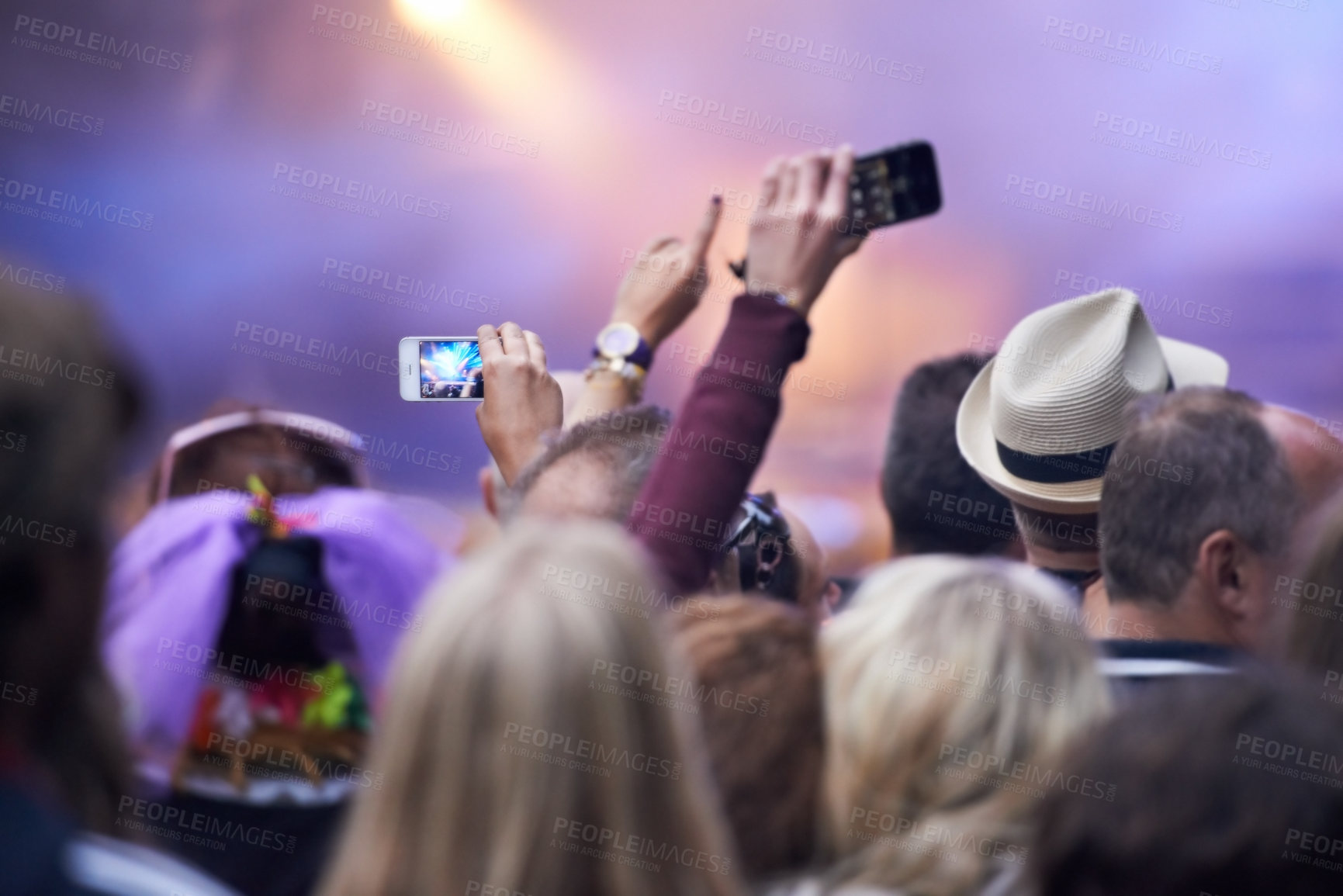 Buy stock photo People, festival and crowd in music concert, cellphones and audience for event, entertainment and back. Technology, fun and gathering for rock and roll, celebration and performance for live streaming