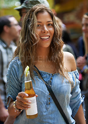Buy stock photo Woman, portrait and happy with cider at festival for celebration, outdoor and wellness with party. Young person, smile or face with alcohol drink for relax holiday, social fun or concert in summer