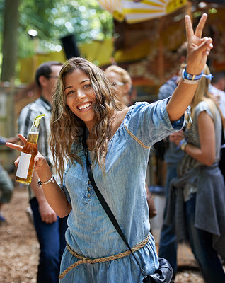 Buy stock photo Woman, portrait and peace with alcohol at party, celebration and outdoor for wellness at music festival. Young person, emoji or face for cider drink for relax holiday, social fun or concert in summer