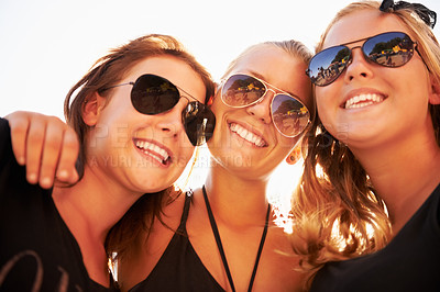Buy stock photo Woman, friends and outdoor music festival for summer holiday, celebration or party concert. Female person, happy and nature for community carnival or excited group smile, event or social gathering