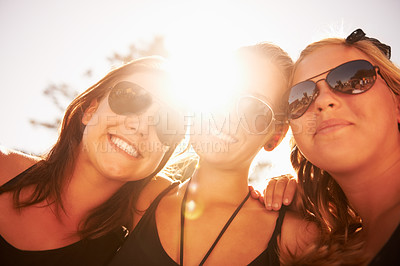 Buy stock photo Woman, friends and outdoor sun at music festival for summer holiday, celebration or party concert. Female person, happy and nature for community carnival or excited group, event or social gathering