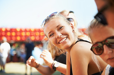 Buy stock photo Outdoor, portrait or happy woman in music festival on holiday vacation to relax on New Year. Carnival, crowd or people with freedom, smile or youth culture for concert or fun party celebration event 