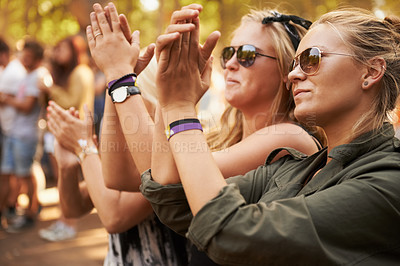 Buy stock photo Hands, applause and woman friends at a music festival outdoor for a concert, party or event of celebration. Audience, crowd or young people at a carnival together for performance or entertainment