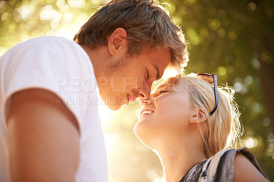 Buy stock photo Couple, joy and love in outdoors, commitment and loyalty for marriage in nature or forest. Man, woman and bonding or together outside, connection and affection on romantic date at park on vacation