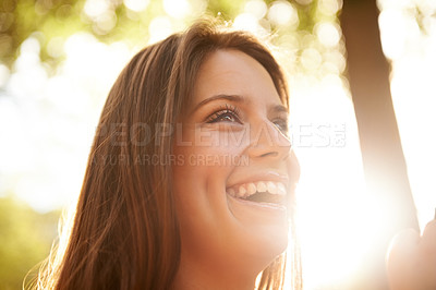 Buy stock photo Happy woman, thinking or park with smile in nature on holiday vacation in summer for freedom. Garden, sunshine or calm female person with peace outdoors for fresh air, wellness or break to relax