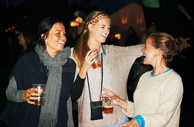Buy stock photo Woman, beer outdoor at night or music festival in forest adventure, nature celebration or group connection. Friends, face and smile for alcohol drinking or dancing techno for summer, travel or crowd